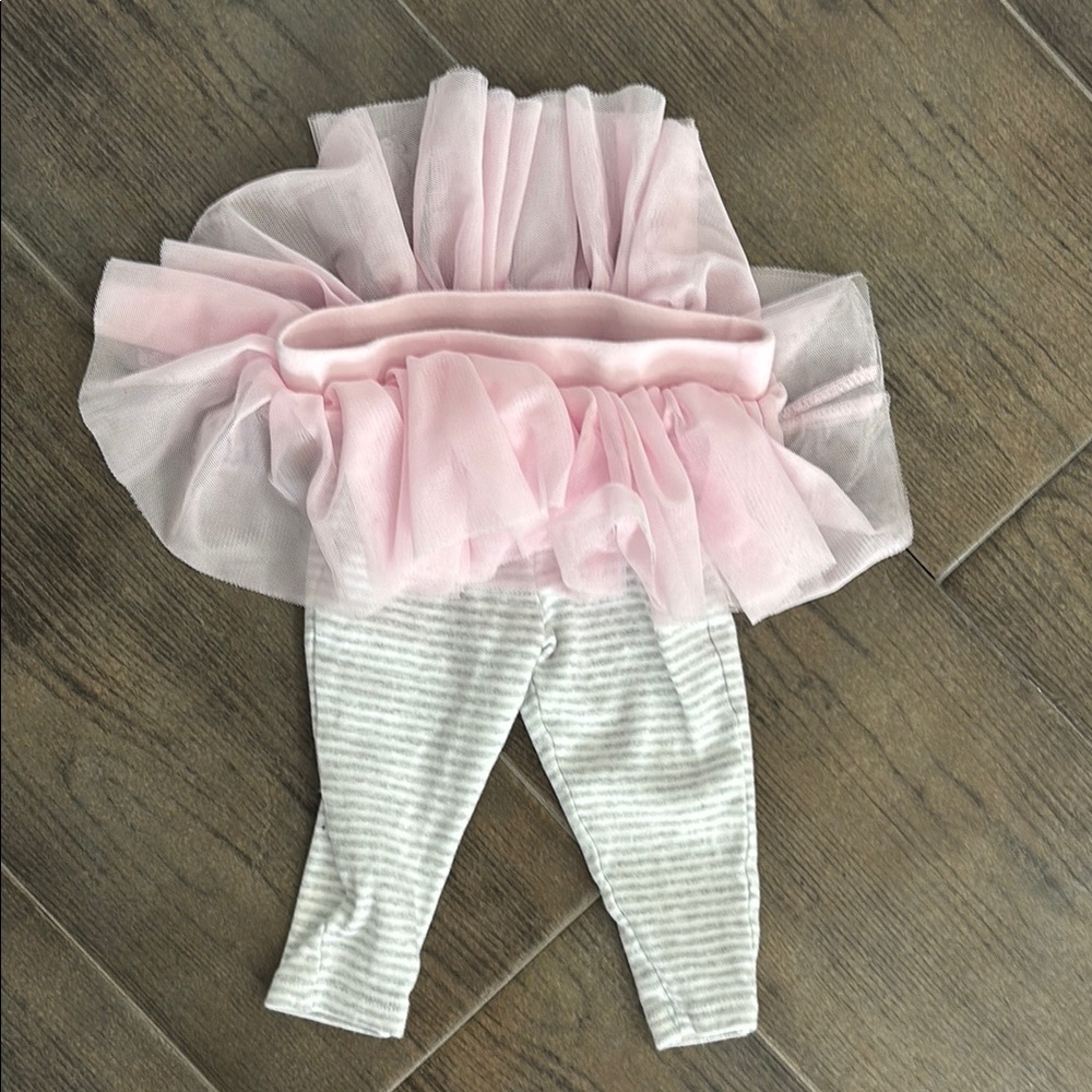 Pink Tulle Skirt with Gray Striped Leggings from Cloud Island, Size 6-9M